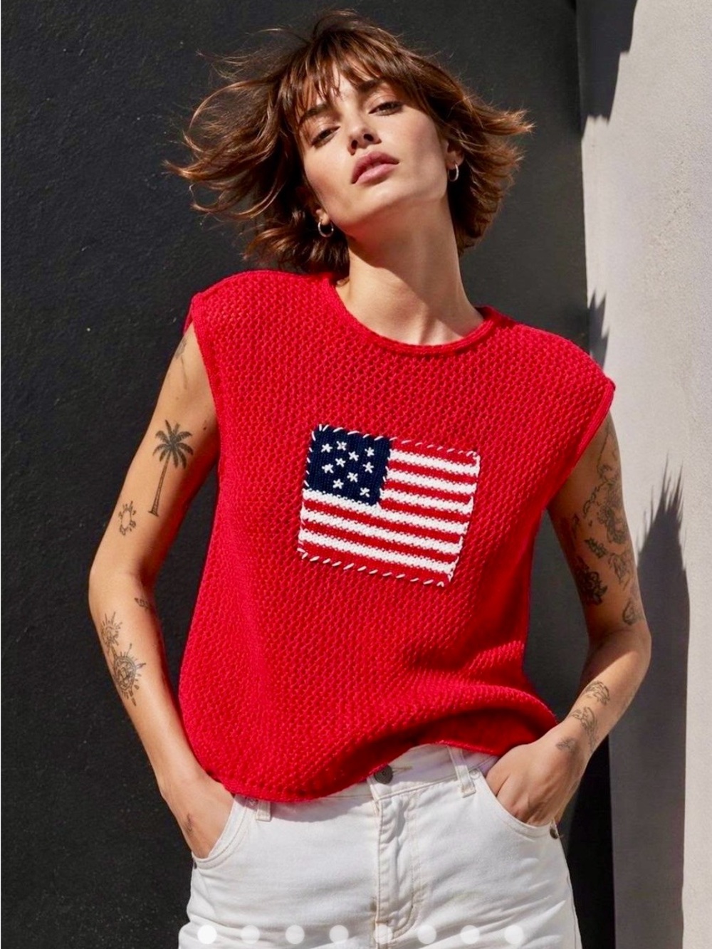 Blu Pepper Red Open-Knit Sweater with American Flag Patch